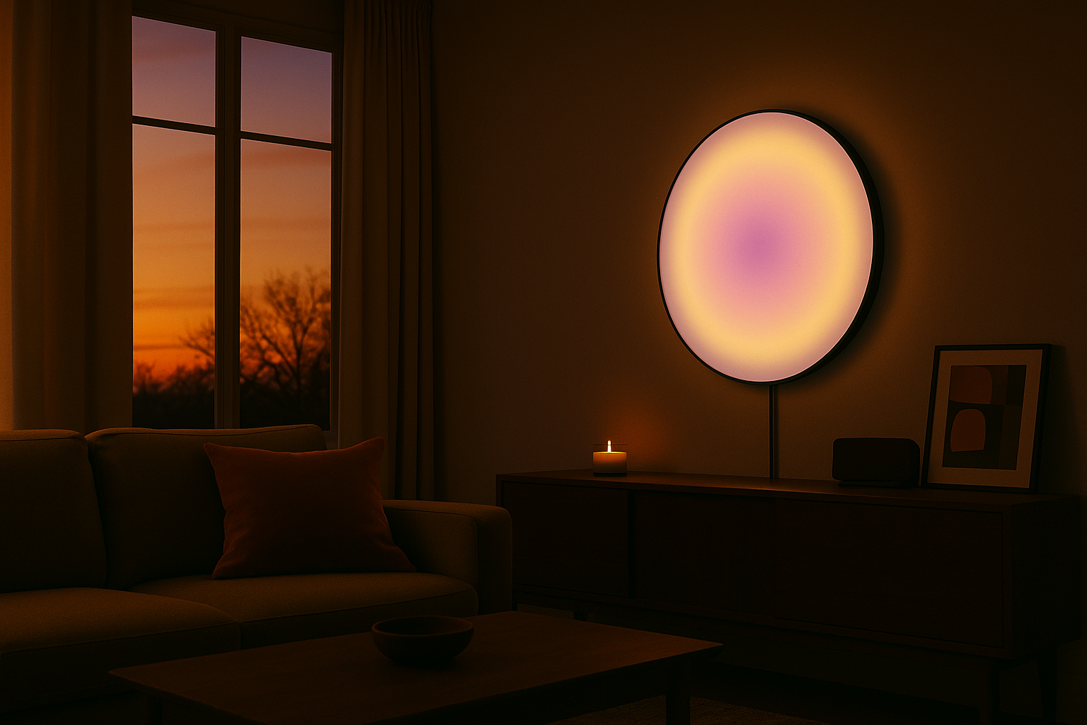 Wall-mounted circular LED aura lamp with a soft gradient glow of lavender, pink, and warm yellow, framed in black and radiating ambient light.